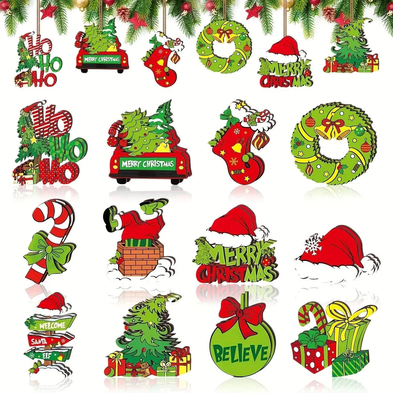 24-Piece Christmas Ornaments Set | Lime Green and Red Hanging Decorations