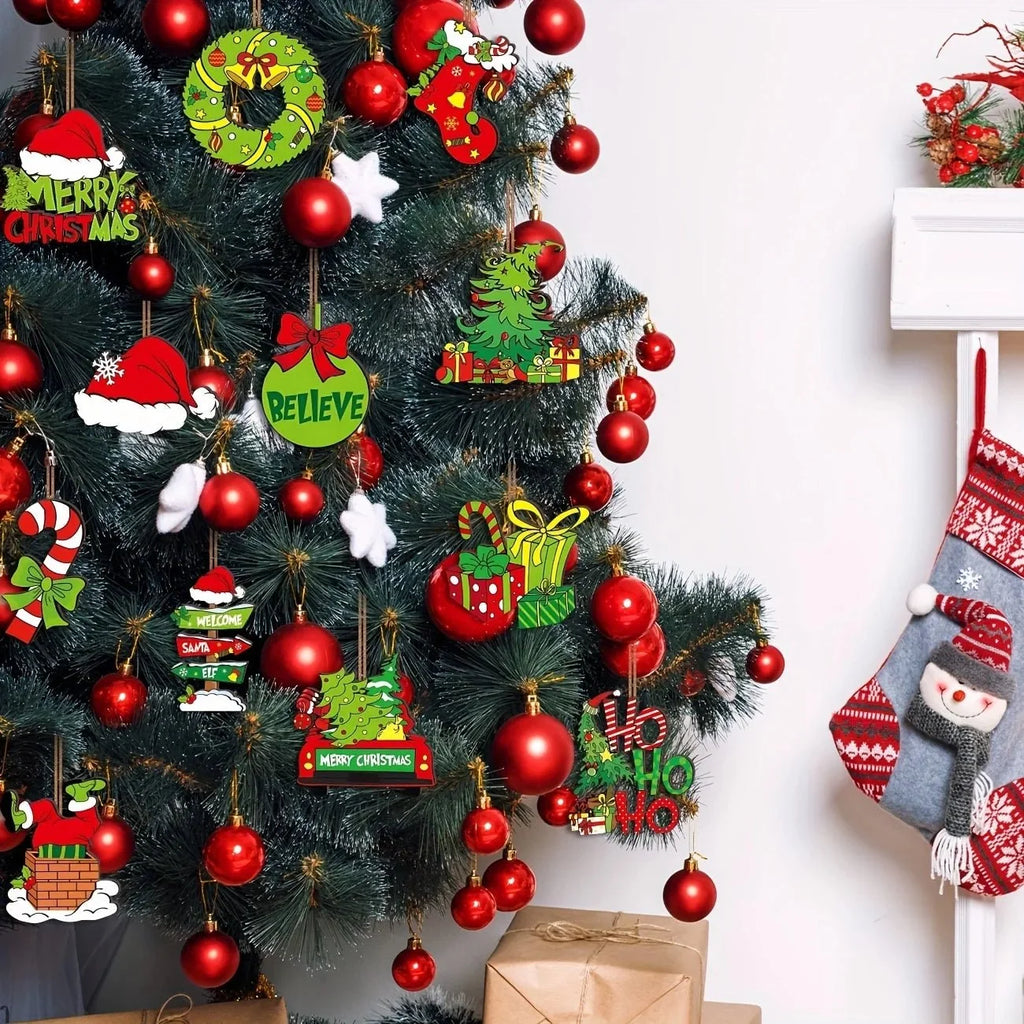 24-Piece Christmas Ornaments Set | Lime Green and Red Hanging Decorations