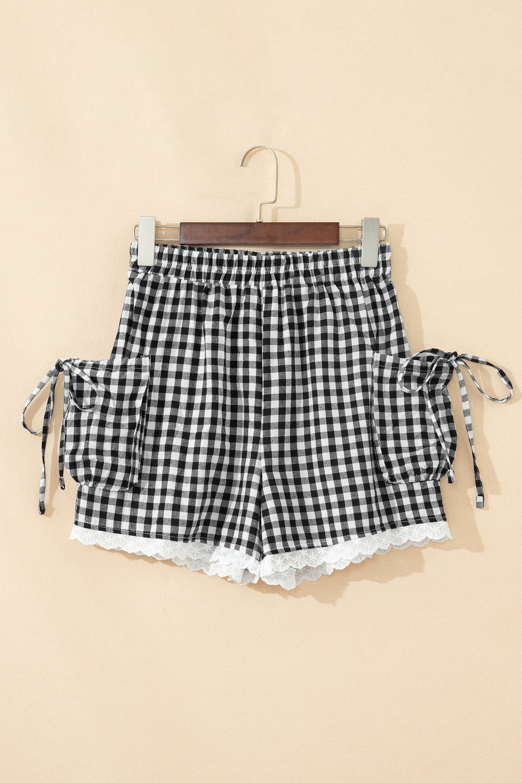 Black Gingham Lace Trim Shorts with Pouch Pockets