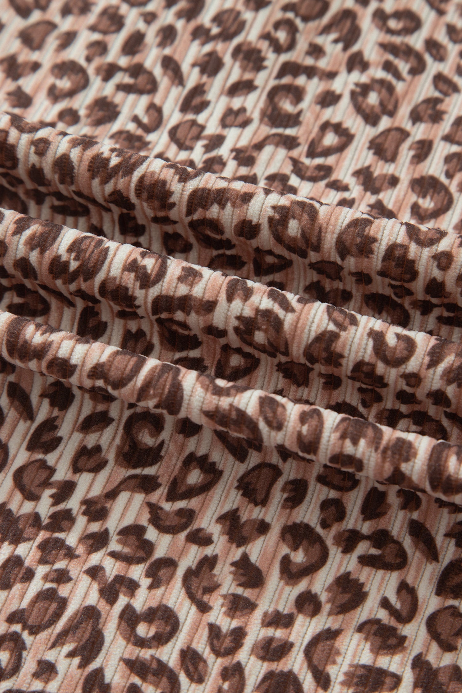 Brown Leopard Print Ribbed Patchwork Half Button Loose Tee Elastic Waist Short 2pcs Set