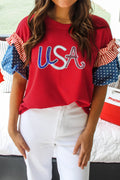 Fiery Red Sequin USA Lettering Patriotic Contrast Splicing Sleeve Top