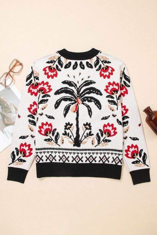 Floral Knit Button-Front V-Neck Cardigan