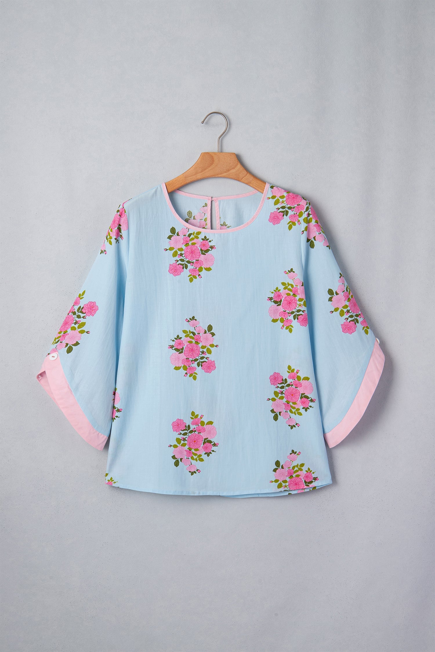 Sky Blue Floral Print Button Cuffed 3/4 Sleeve Round Neck Blouse