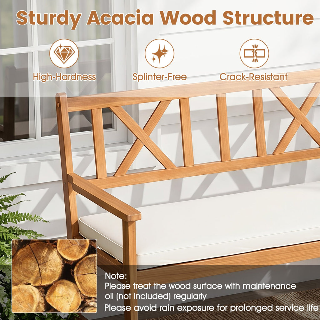 2-Person Acacia Wood Garden Bench with Removable Cushion