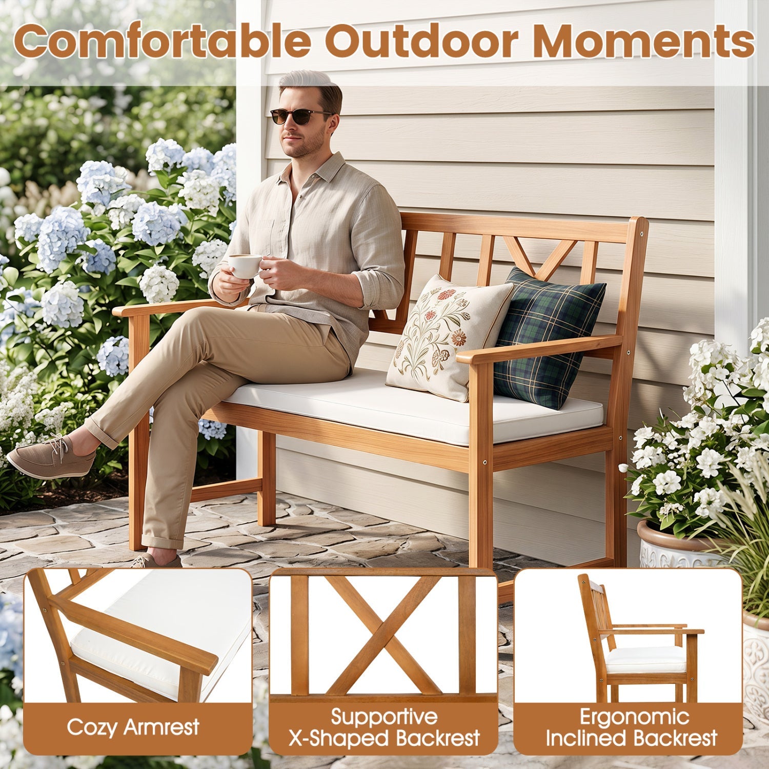 2-Person Acacia Wood Garden Bench with Removable Cushion