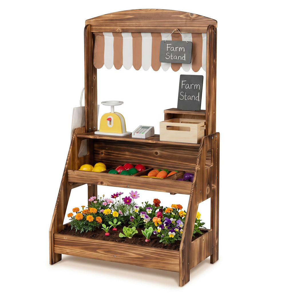 2-in-1 Wooden Mud Kitchen & Market Stand with Planter Box