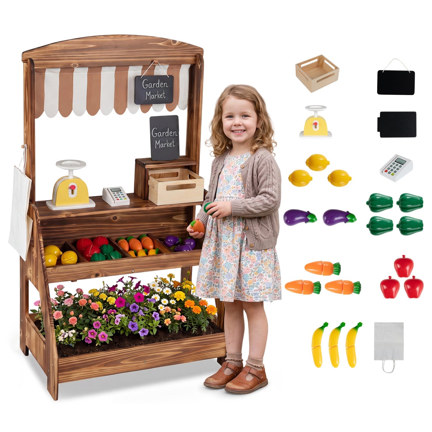 2-in-1 Wooden Mud Kitchen & Market Stand with Planter Box