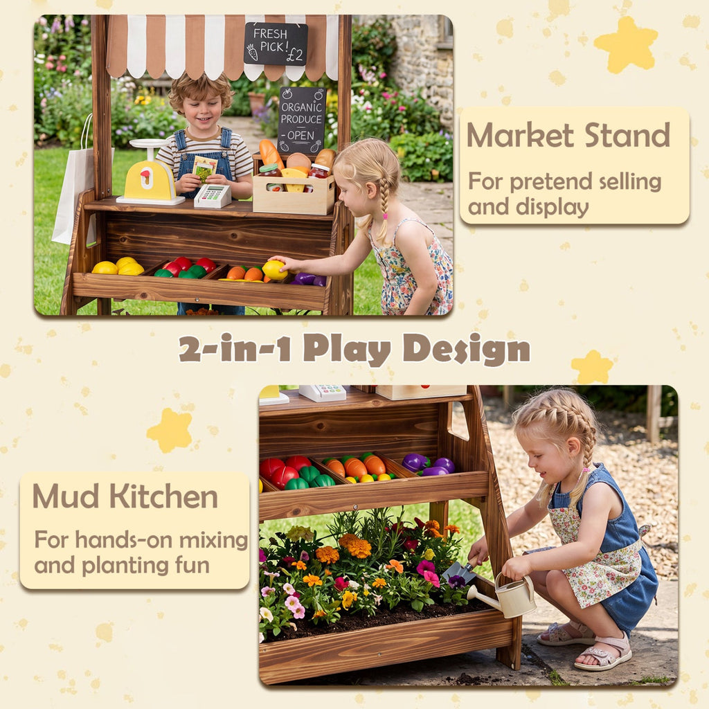 2-in-1 Wooden Mud Kitchen & Market Stand with Planter Box