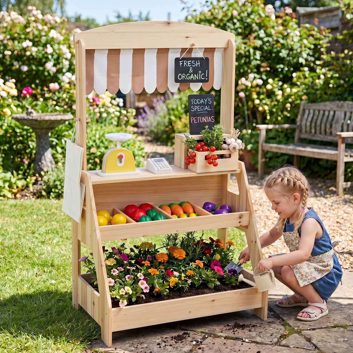 2-in-1 Wooden Mud Kitchen & Market Stand with Planter Box