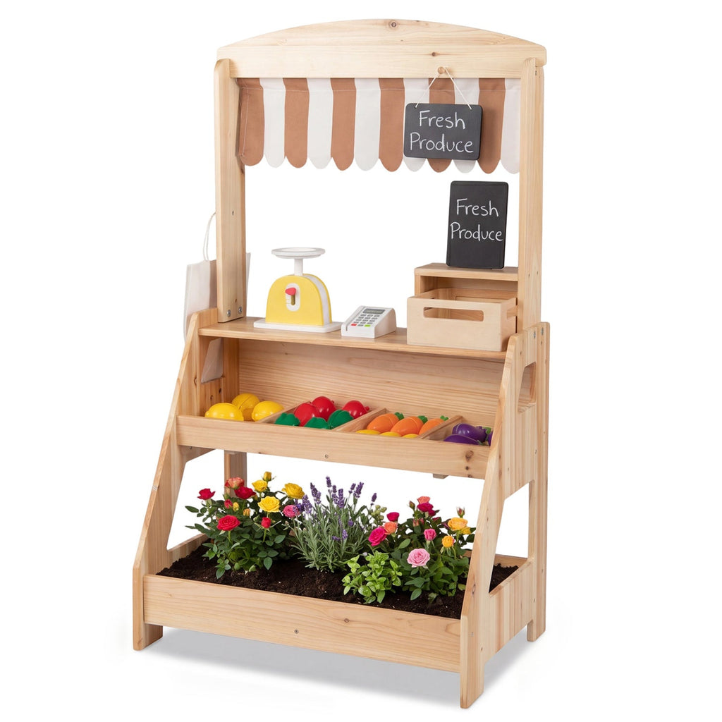 2-in-1 Wooden Mud Kitchen & Market Stand with Planter Box