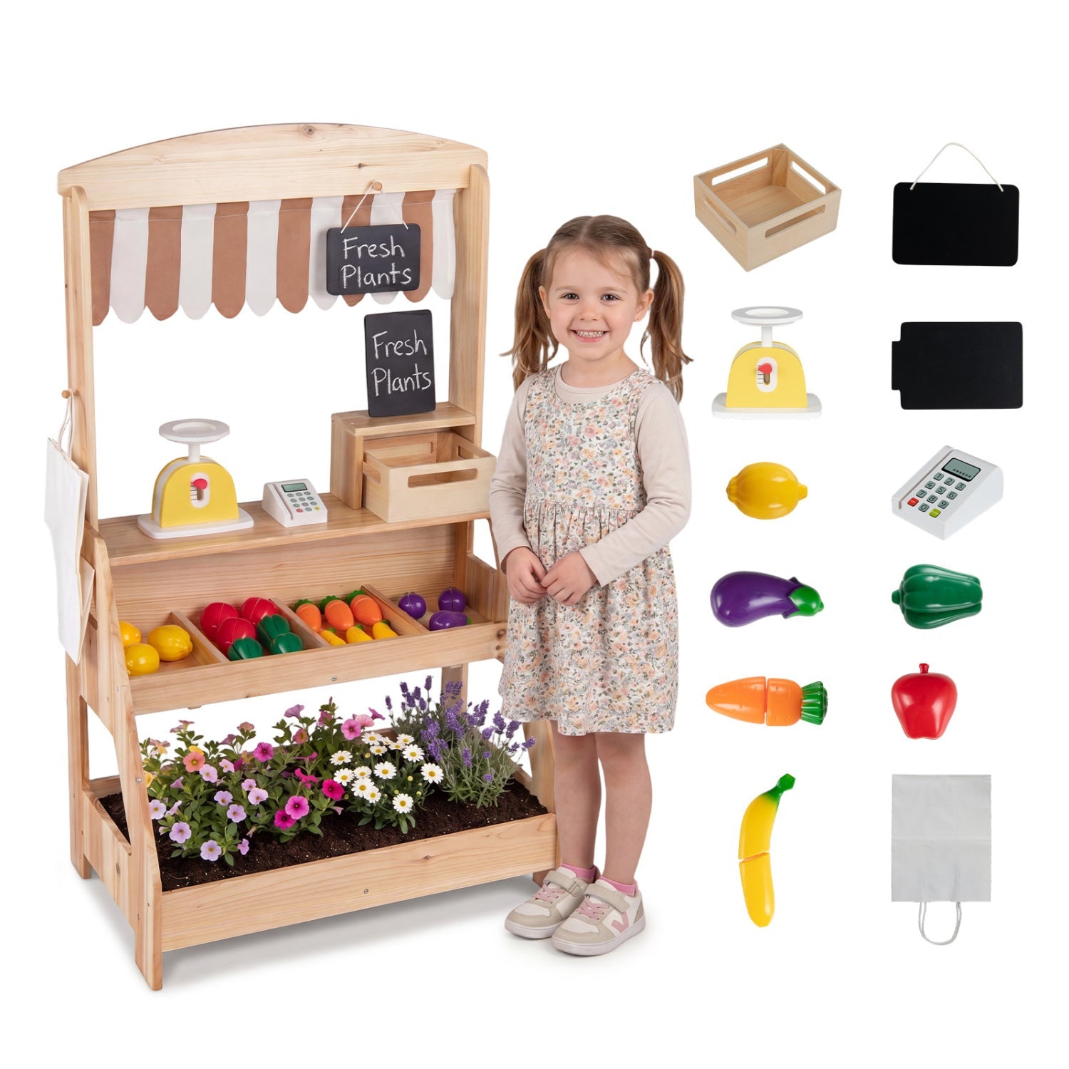 2-in-1 Wooden Mud Kitchen & Market Stand with Planter Box