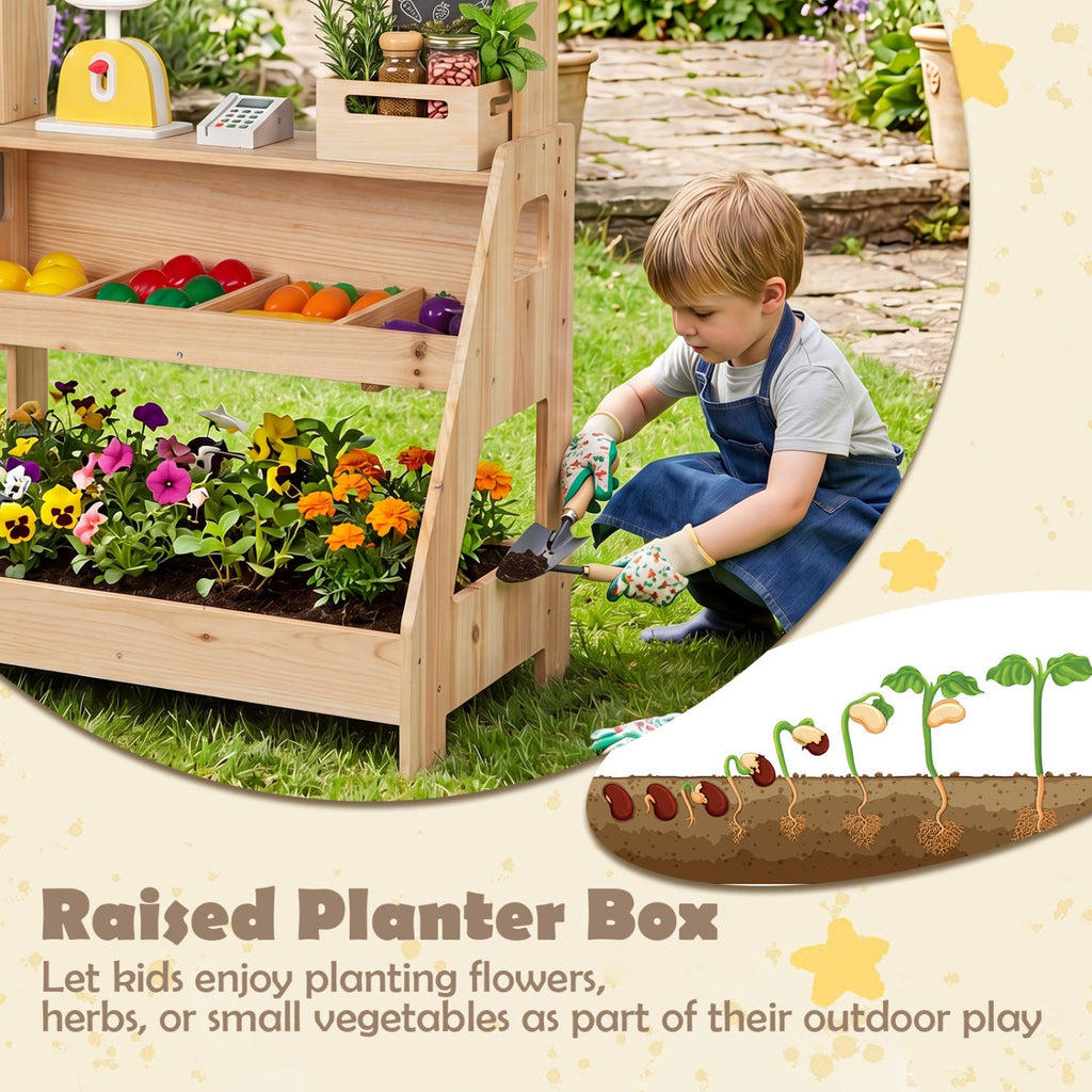 2-in-1 Wooden Mud Kitchen & Market Stand with Planter Box