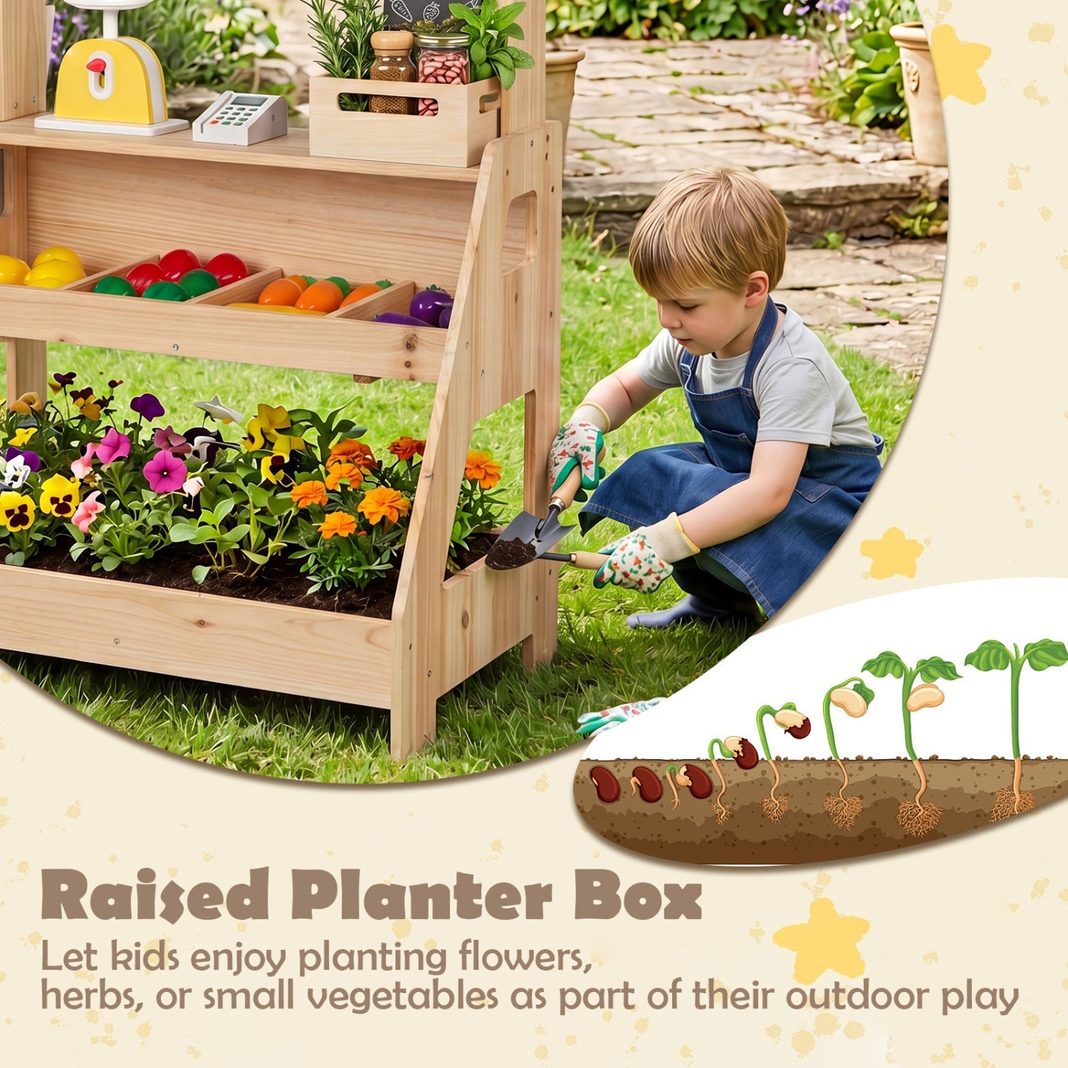 2-in-1 Wooden Mud Kitchen & Market Stand with Planter Box