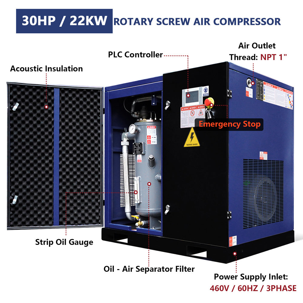 123CFM Rotary Screw Air Compressor, 30HP, 125PSI, 460V 3PHASE 60HZ
