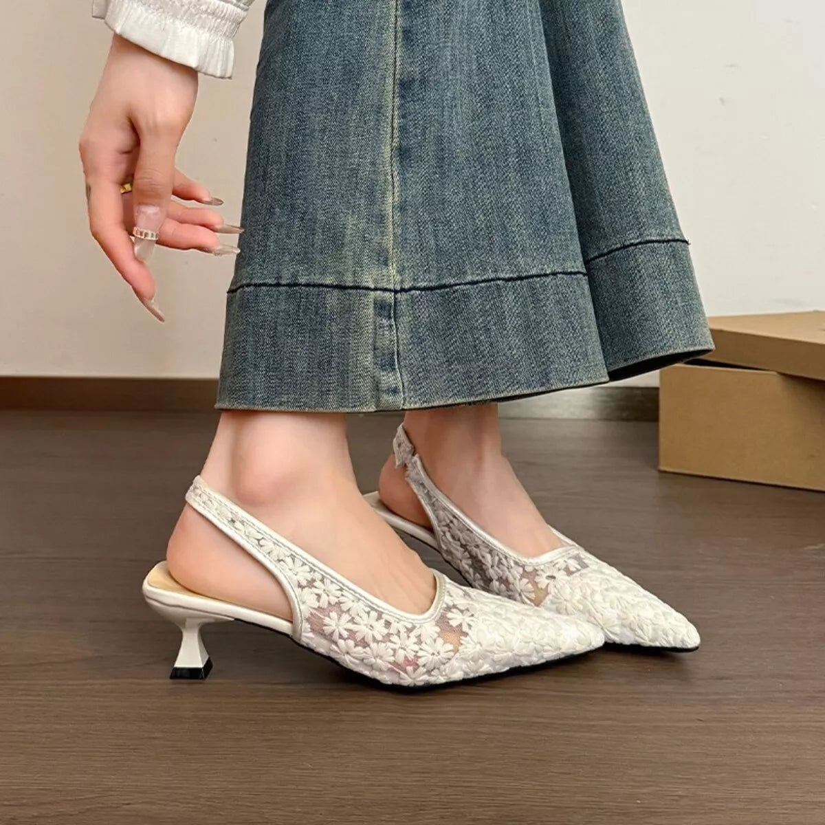 Lace Pointed-Toe Slingback Pumps
