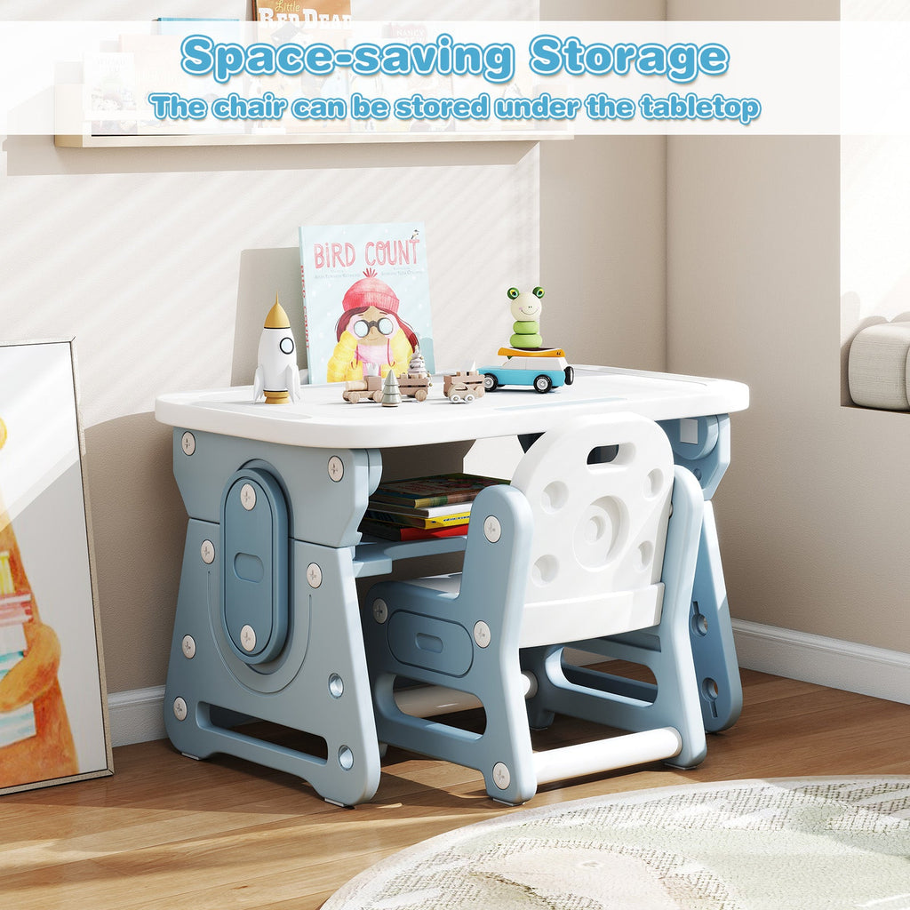 Height Adjustable Kids Table and Chair Set with Tiltable Whiteboard and Concave Shelf