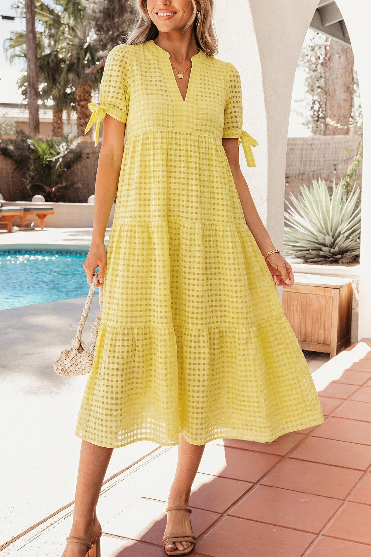 Yellow Gingham Textured Bow Tie Short Sleeve Tiered Midi Dress