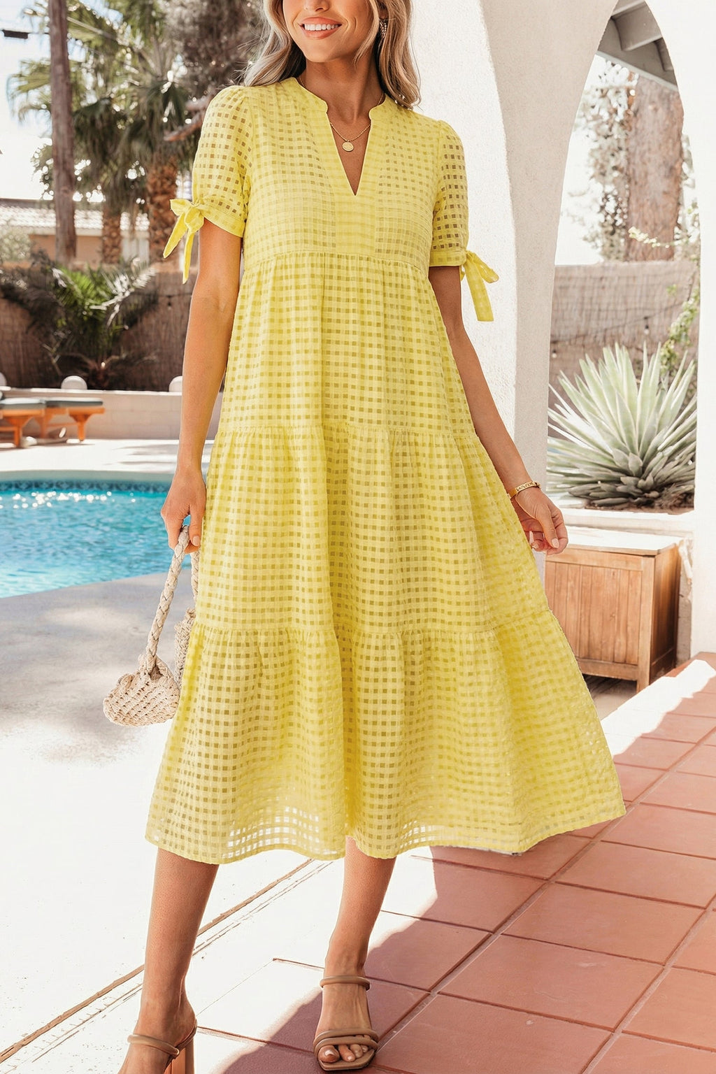 Yellow Gingham Textured Bow Tie Short Sleeve Tiered Midi Dress