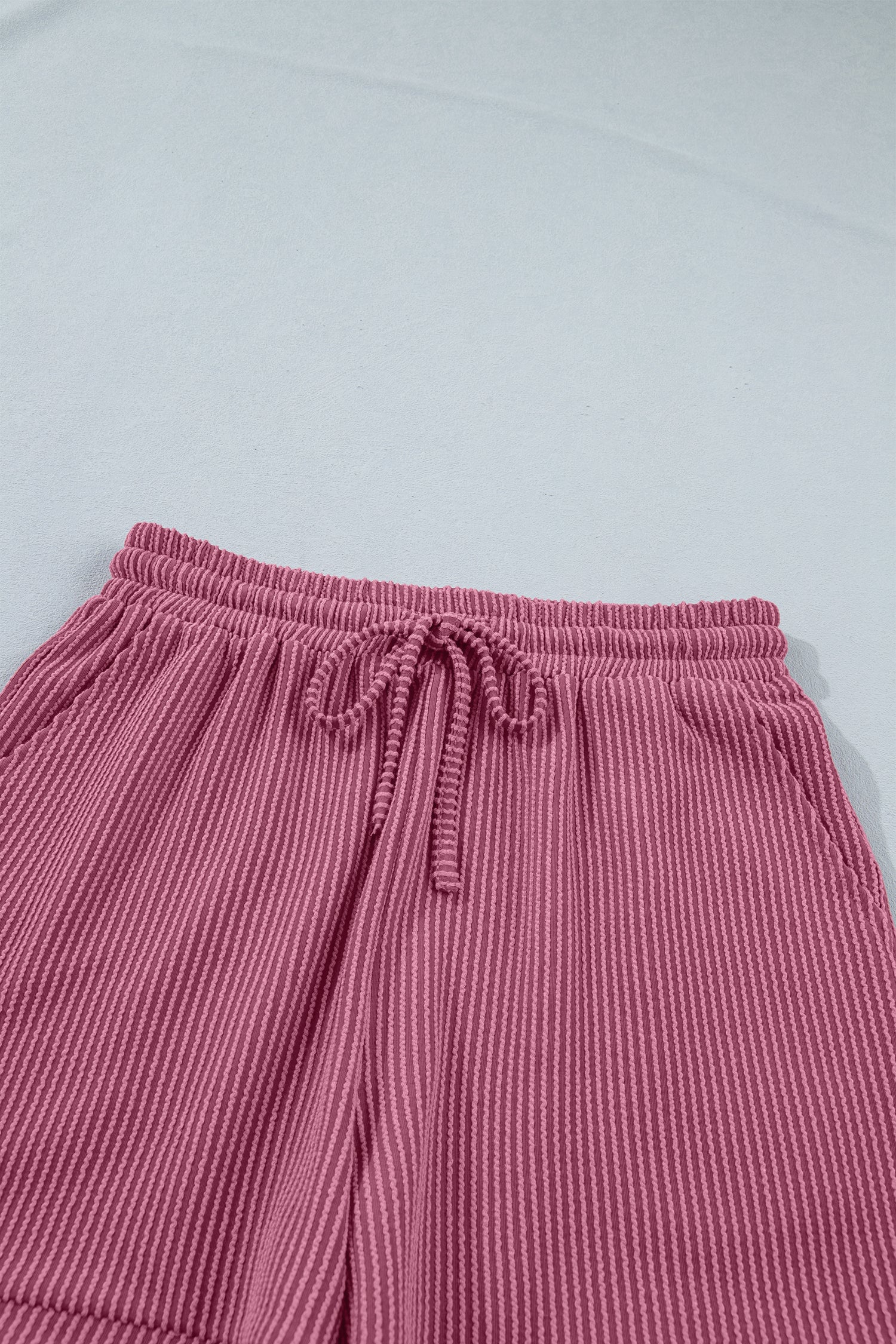 Pitaya Pink Twisted Ribbed Loose Tee Drawstring Elastic Waist 2pcs Short Set
