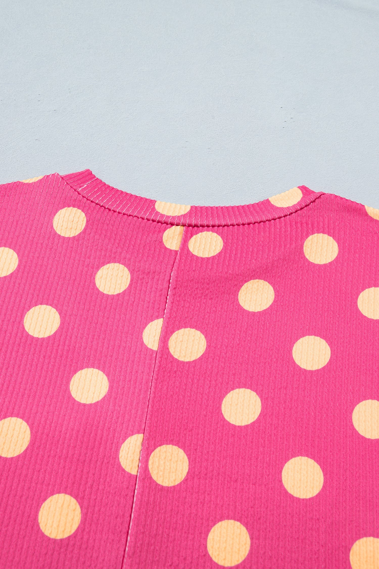 Pink Polka Dot Round Neck Drop Shoulder Patch Pocket Jacquard Texture Top