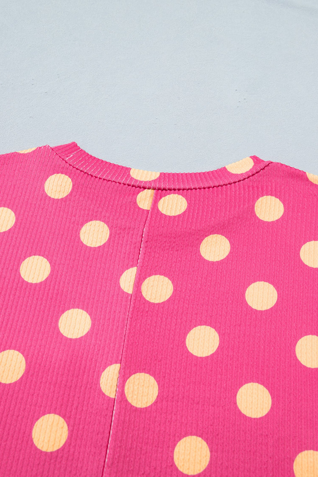 Pink Polka Dot Round Neck Drop Shoulder Patch Pocket Jacquard Texture Top