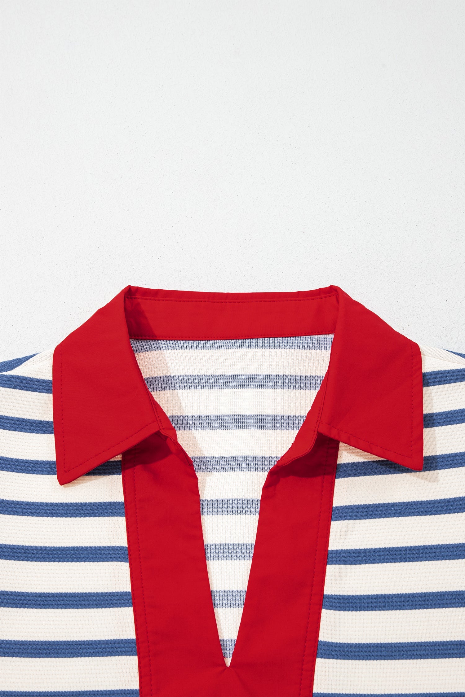 Blue Stripe Short Puff Sleeve Color Block Polo Collar Blouse