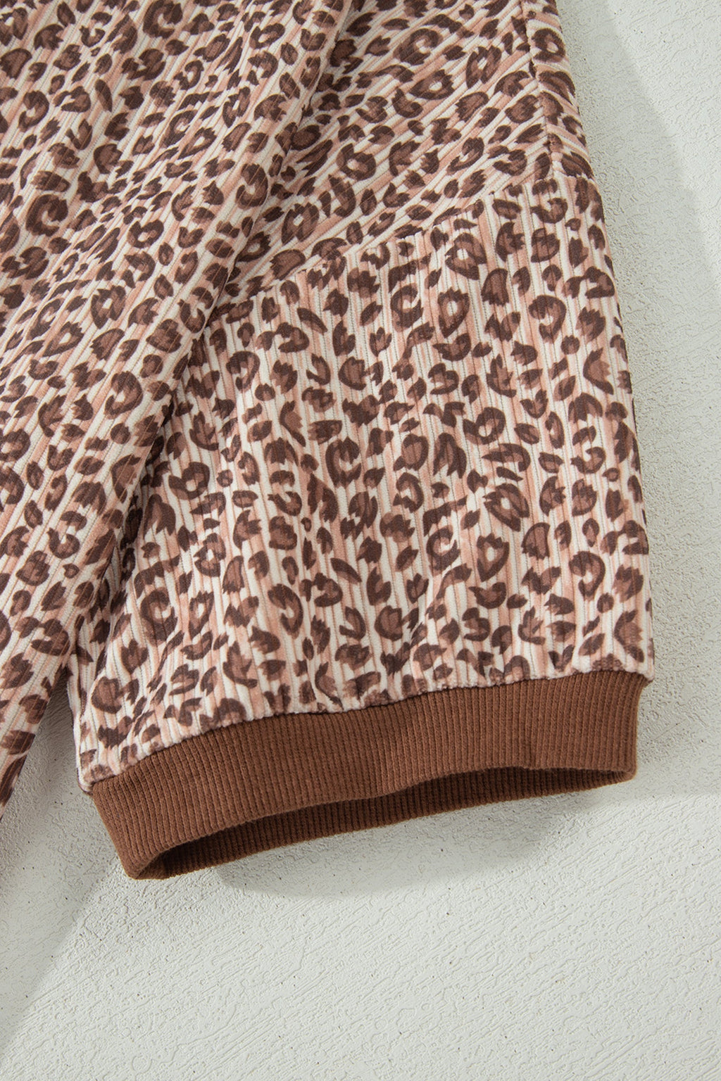 Brown Leopard Print Ribbed Patchwork Half Button Loose Tee Elastic Waist Short 2pcs Set