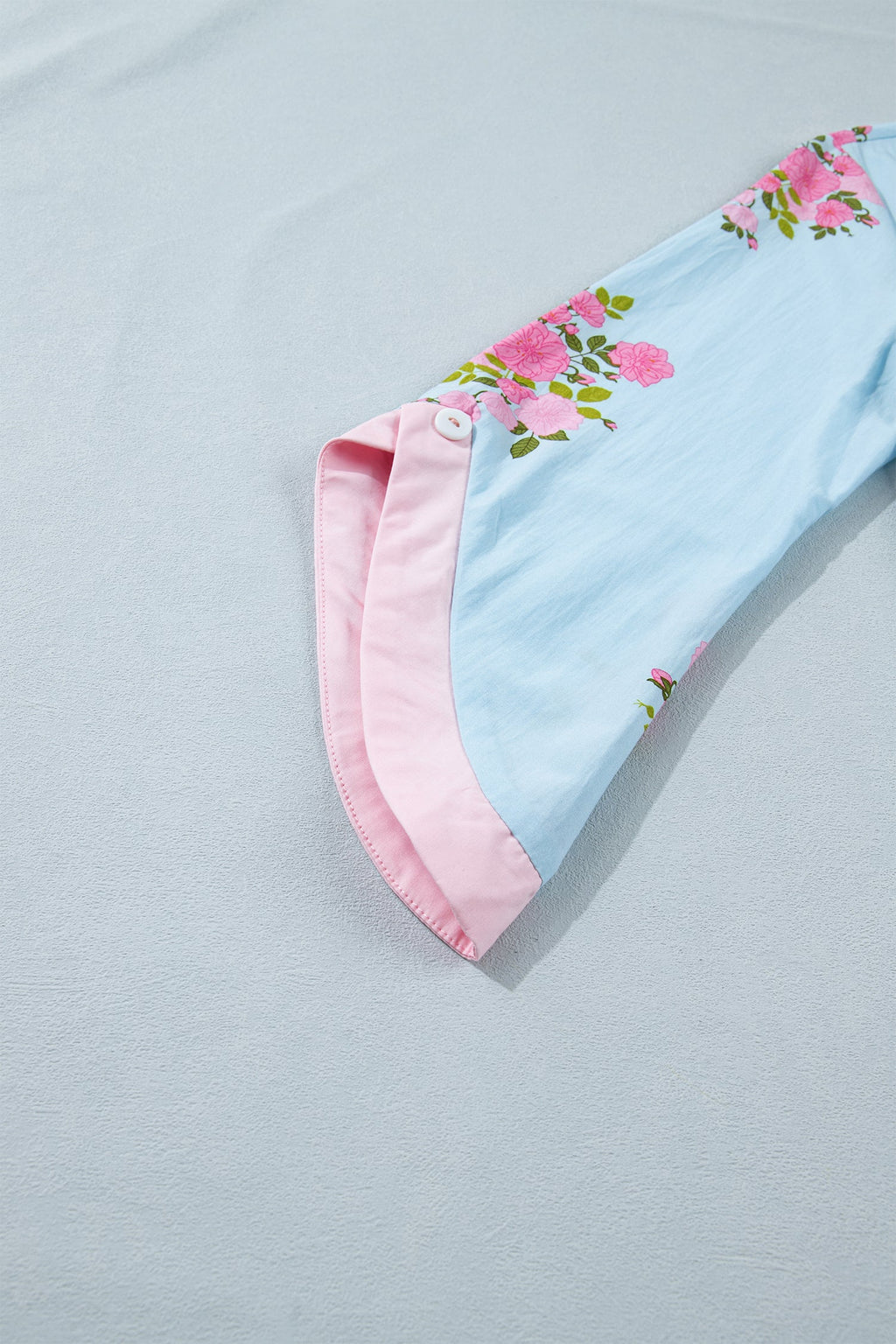 Sky Blue Floral Print Button Cuffed 3/4 Sleeve Round Neck Blouse