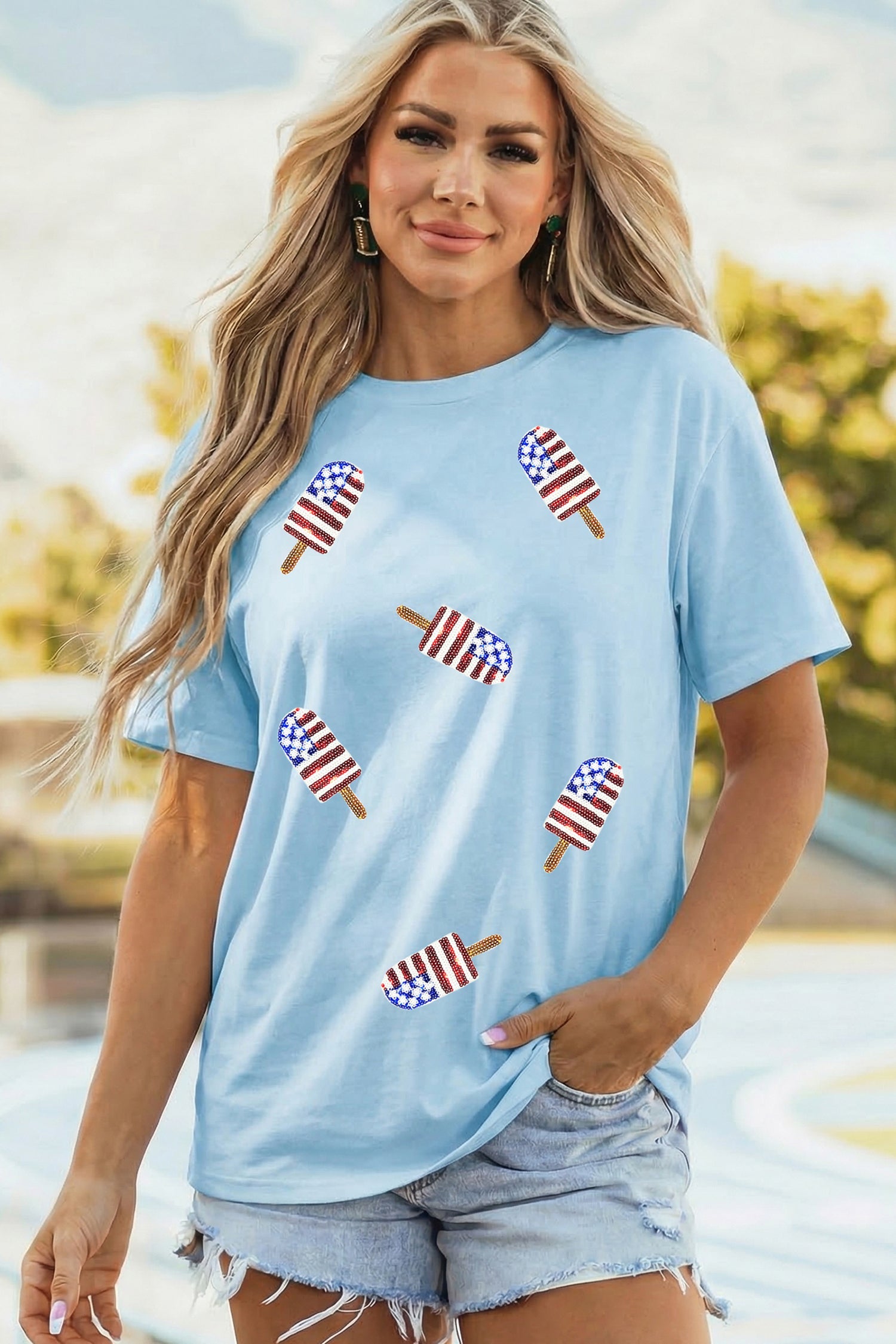 Light Blue Patriotic Sequin Popsicle T Shirt