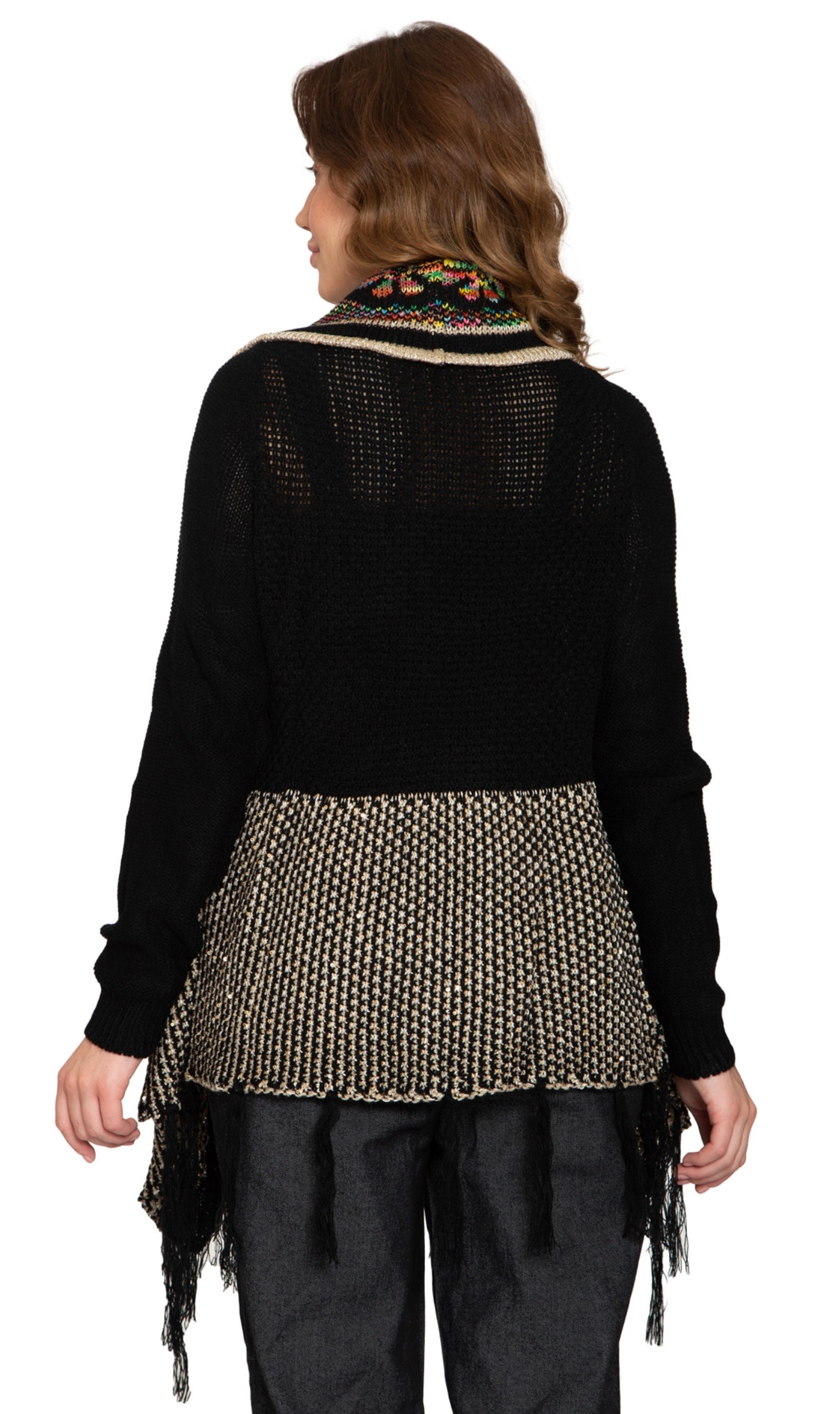 Women's Open Front Fringed Jacquard Weave Long Cardigan