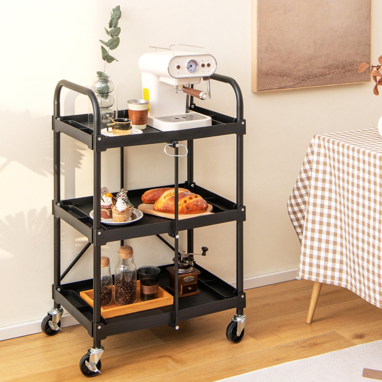 3-Tier Folding Utility Cart with Wheels - Heavy Duty
