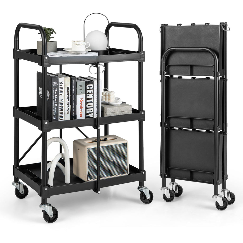 3-Tier Folding Utility Cart with Wheels - Heavy Duty