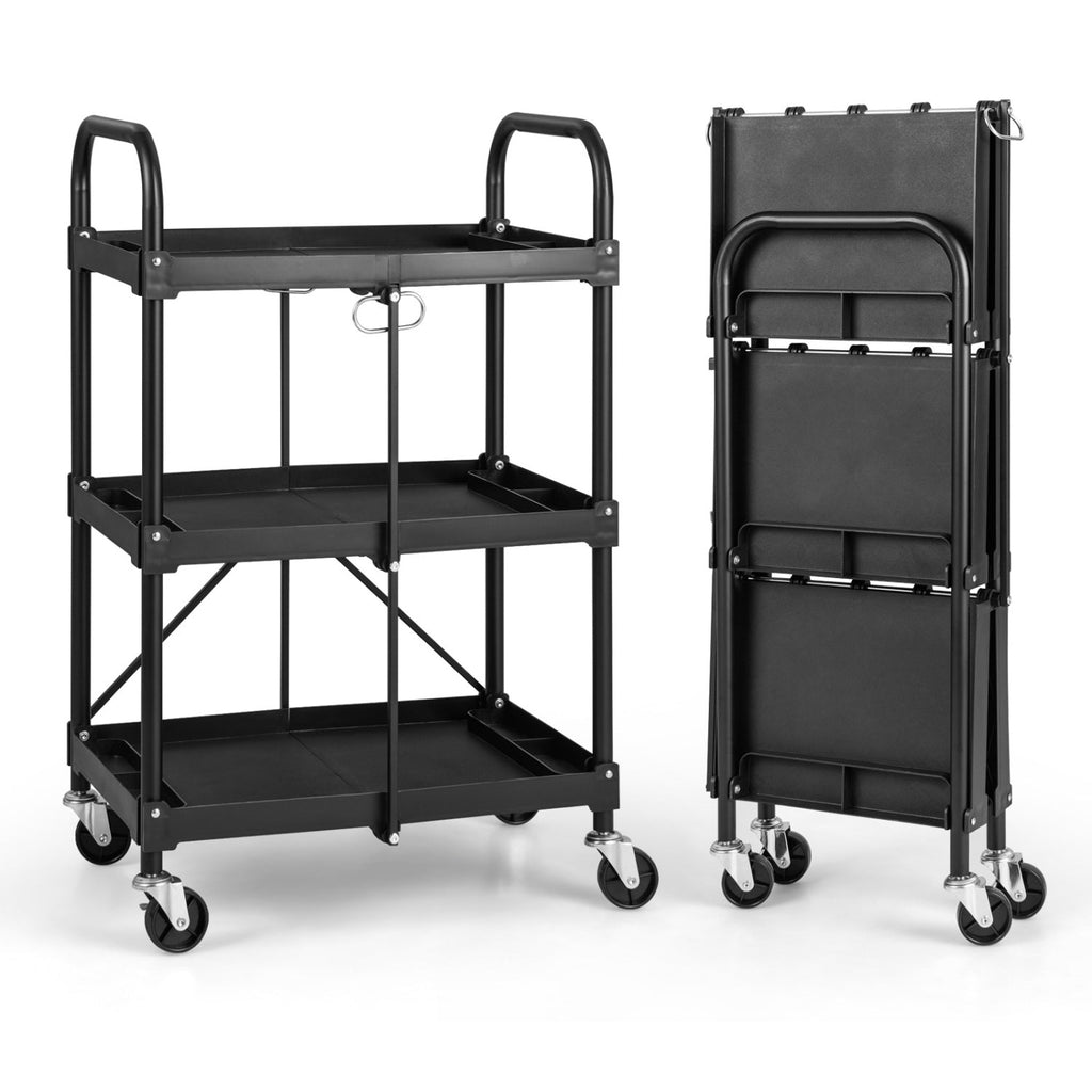 3-Tier Folding Utility Cart with Wheels - Heavy Duty