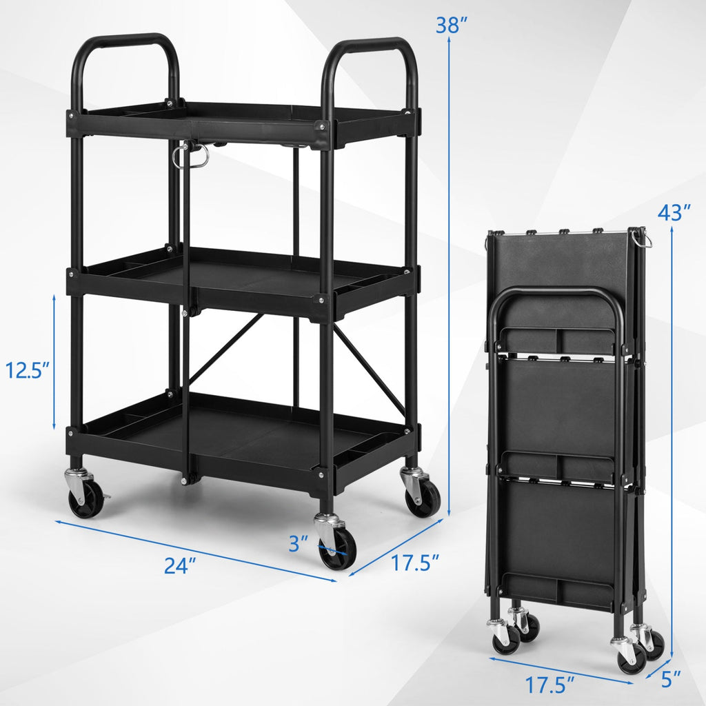 3-Tier Folding Utility Cart with Wheels - Heavy Duty