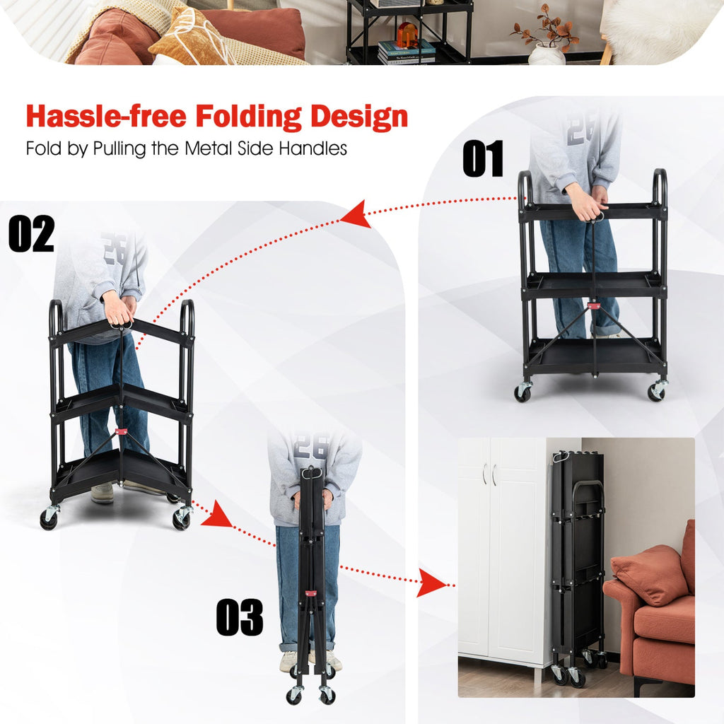 3-Tier Folding Utility Cart with Wheels - Heavy Duty