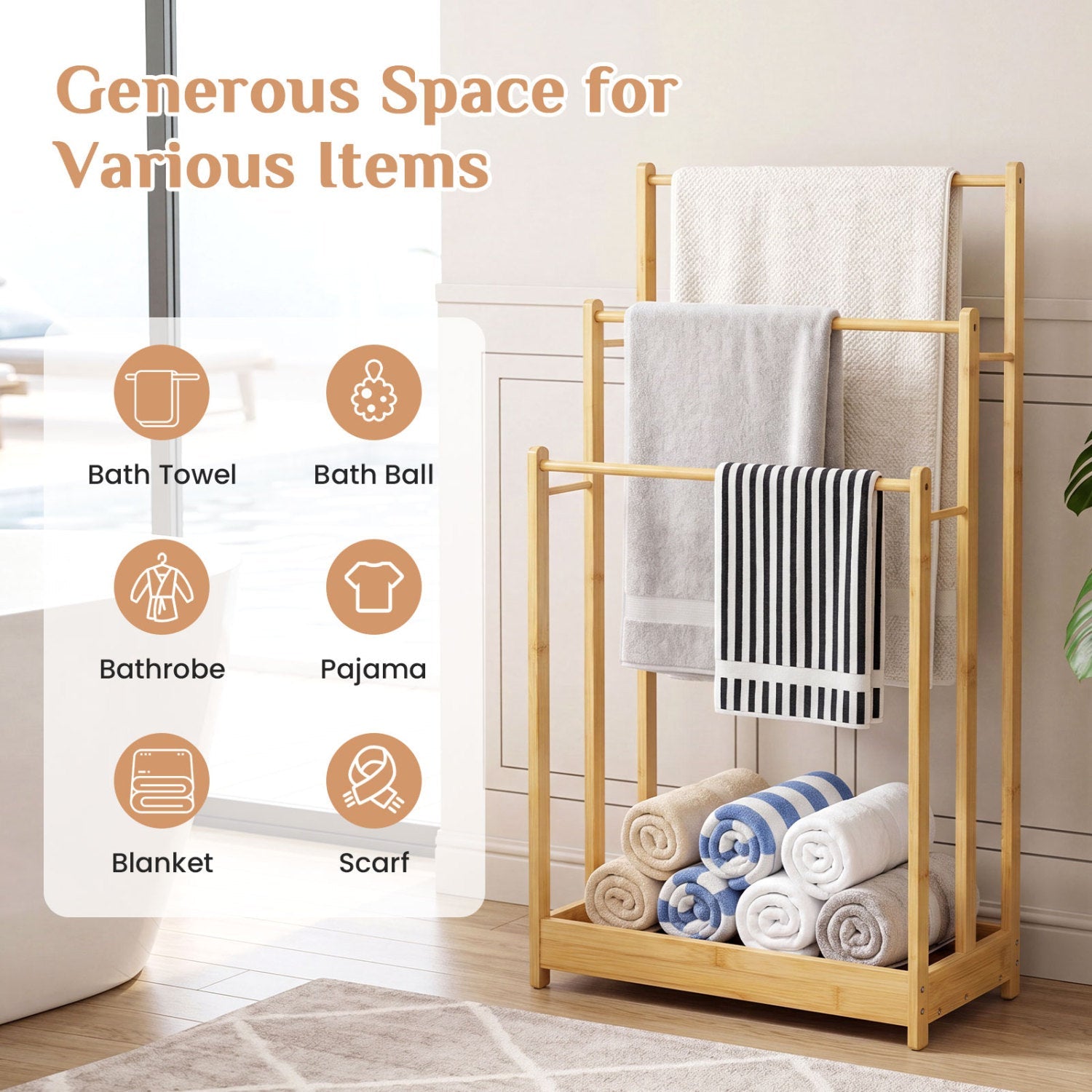 3-Tier Bamboo Towel Rack with Storage Shelf