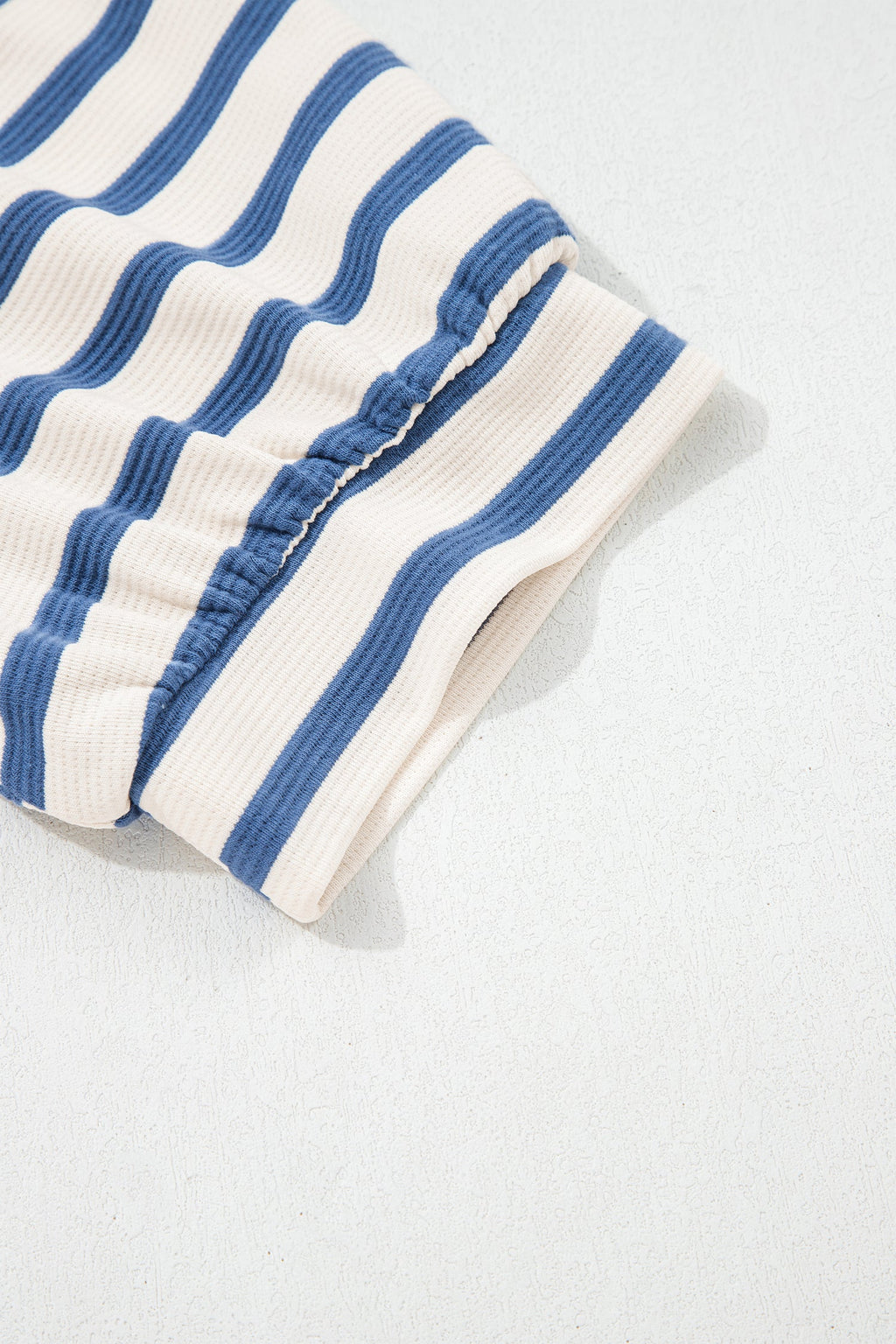 Blue Stripe Short Puff Sleeve Color Block Polo Collar Blouse
