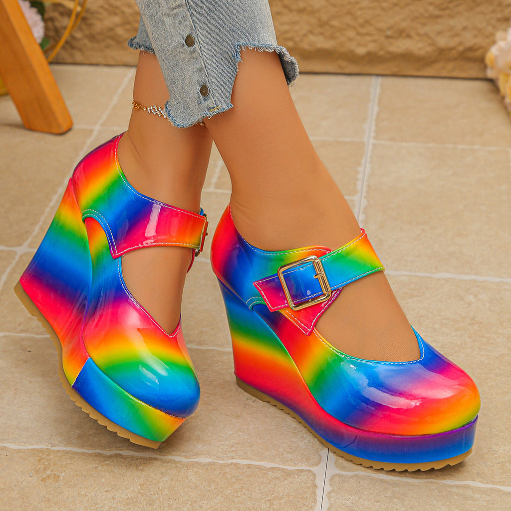Colorful Round Toe Wedge Mary Jane Loafers