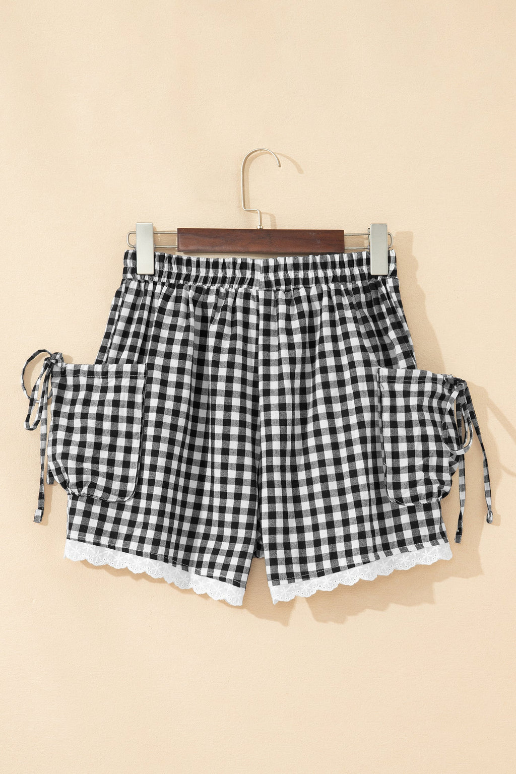 Black Gingham Lace Trim Shorts with Pouch Pockets