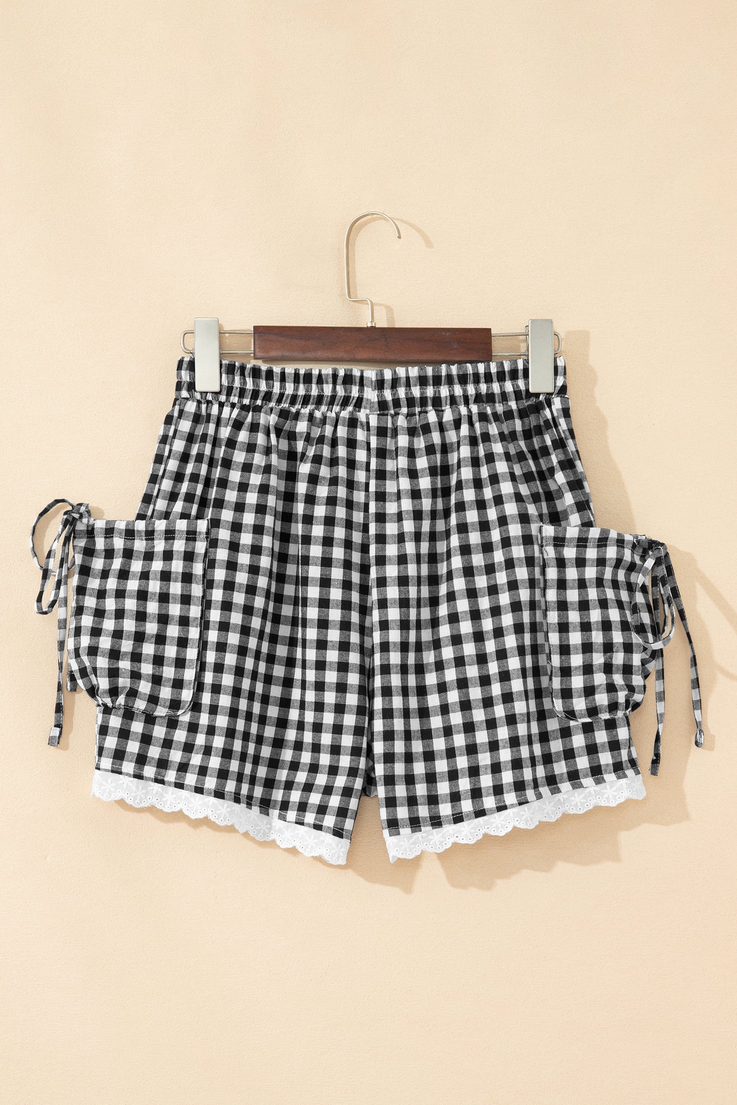 Black Gingham Lace Trim Shorts with Pouch Pockets