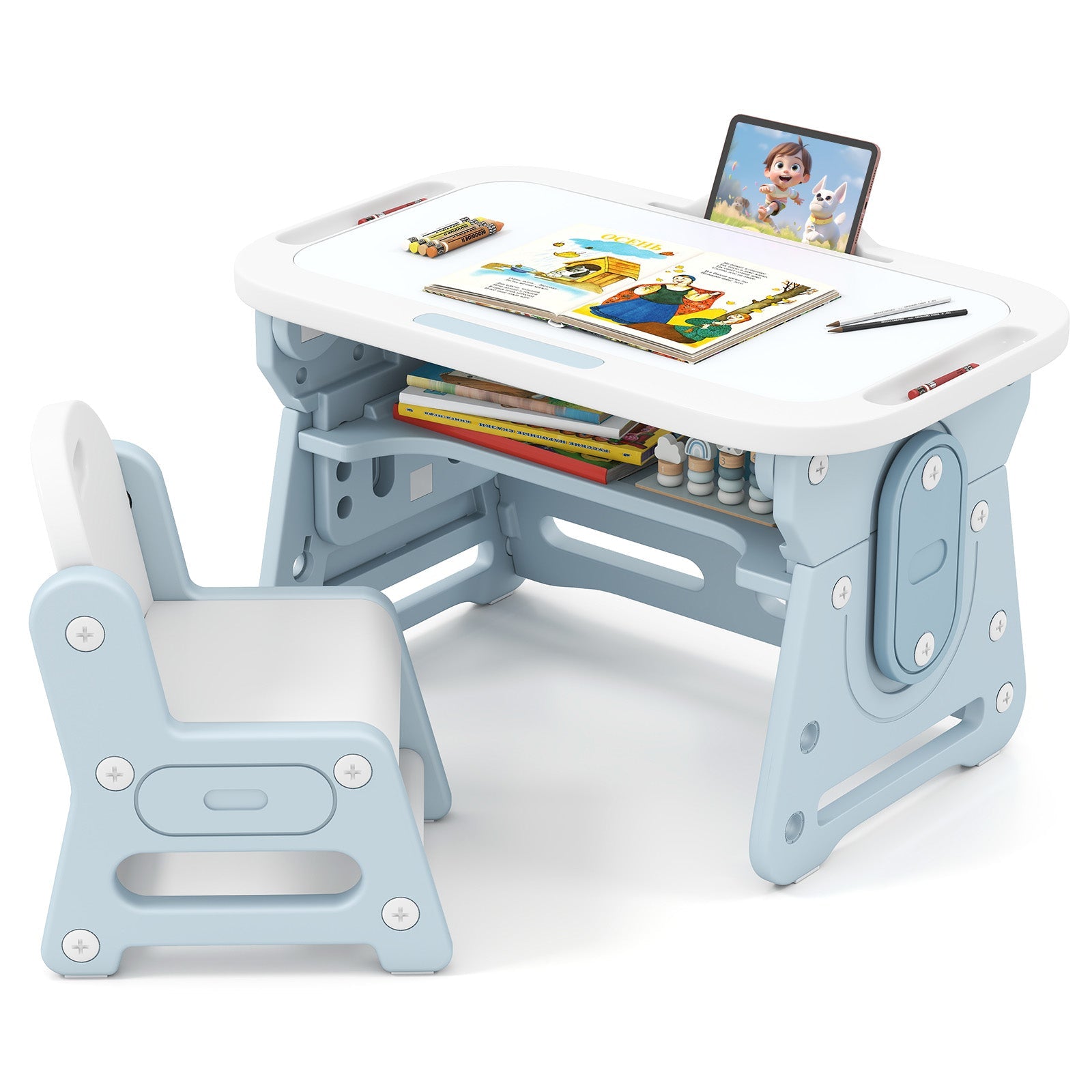Height Adjustable Kids Table and Chair Set with Tiltable Whiteboard and Concave Shelf