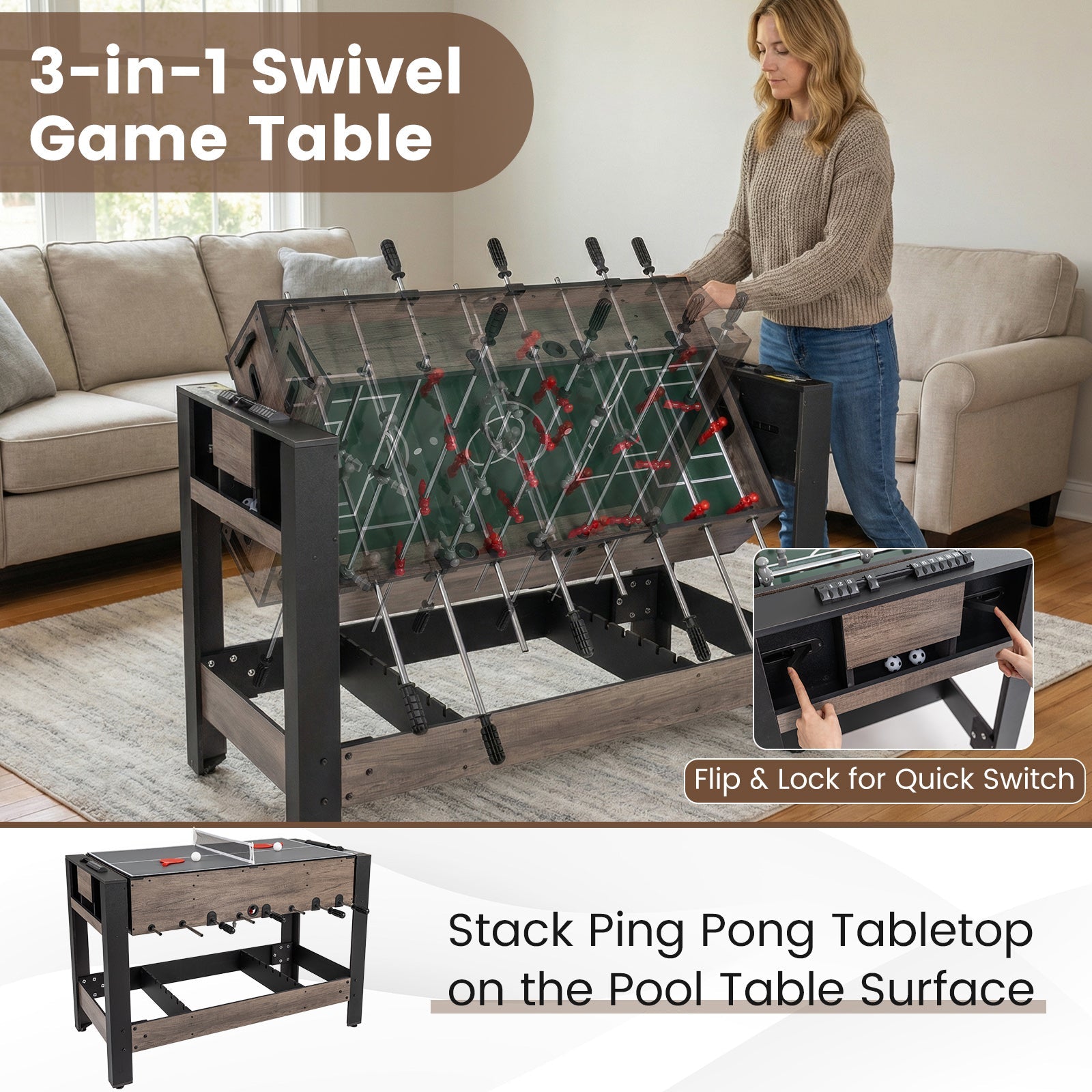 49 inch Combo Game Table with Pool Billiards-Brown