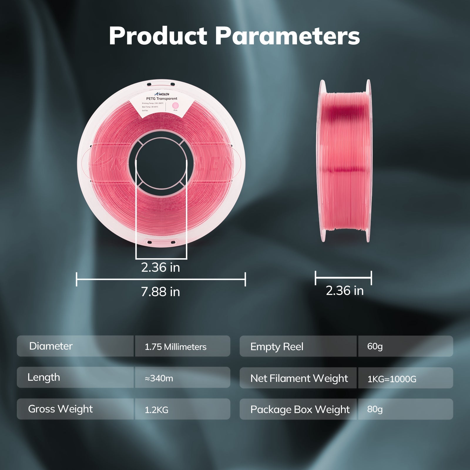 PETG Transparent 1.75mm, 1KG/2.2LB