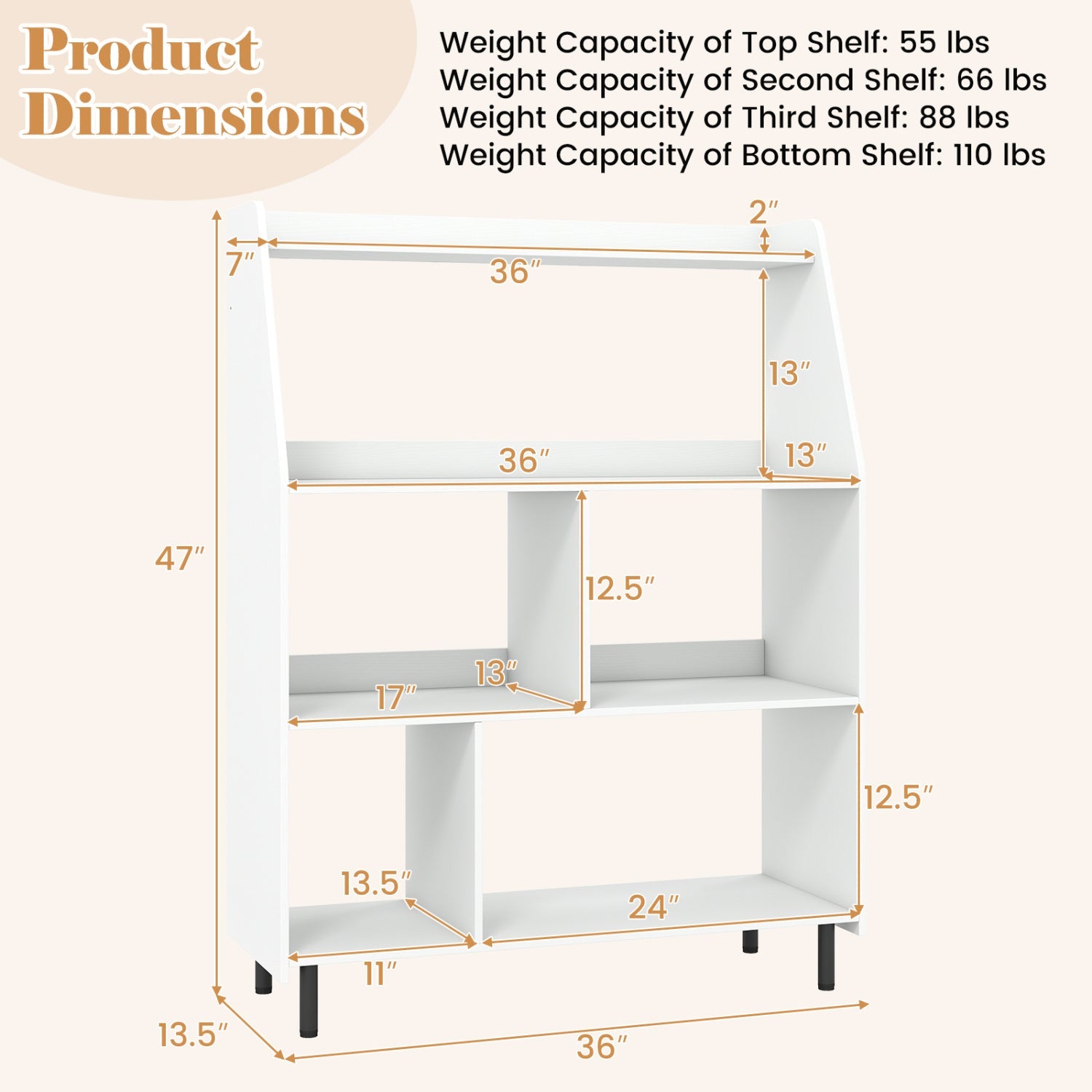 4-Tier Open Bookcase with Anti-Tipping Kits - White