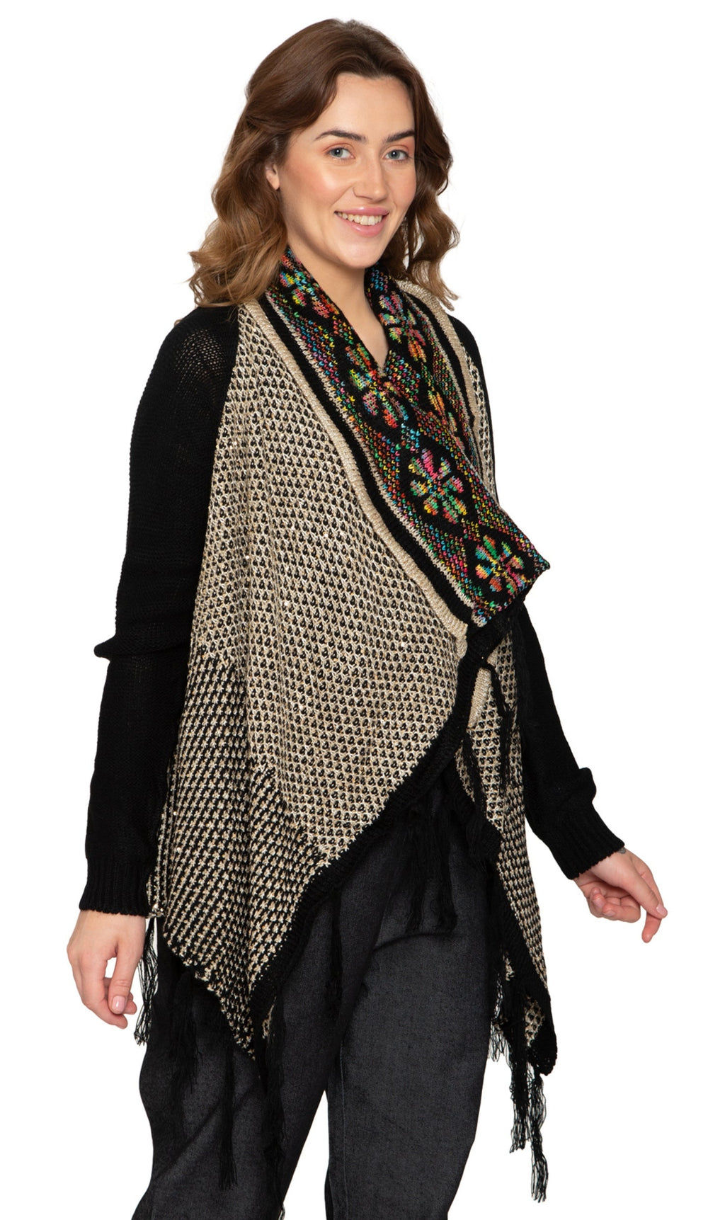Women's Open Front Fringed Jacquard Weave Long Cardigan