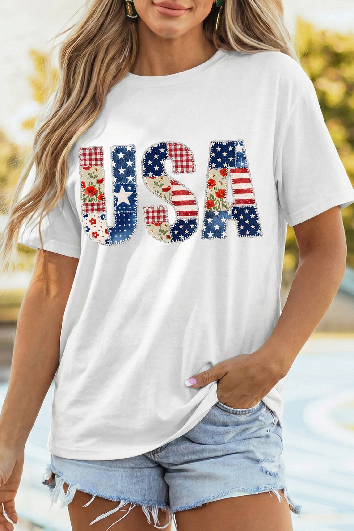 White USA Faux Patchwork Graphic Tee