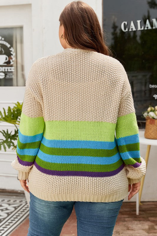 Plus Size Colorblock Crochet Open Front Cardigan
