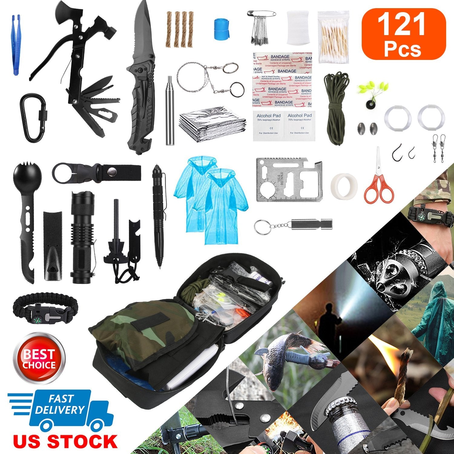 121Pcs Survival Kit for Outdoor Adventure and Emergency Gear