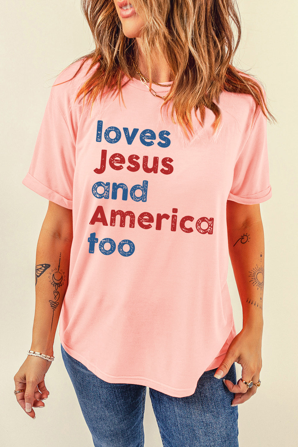 Pink loves Jesus and America too Vintage Letter Graphic Tee