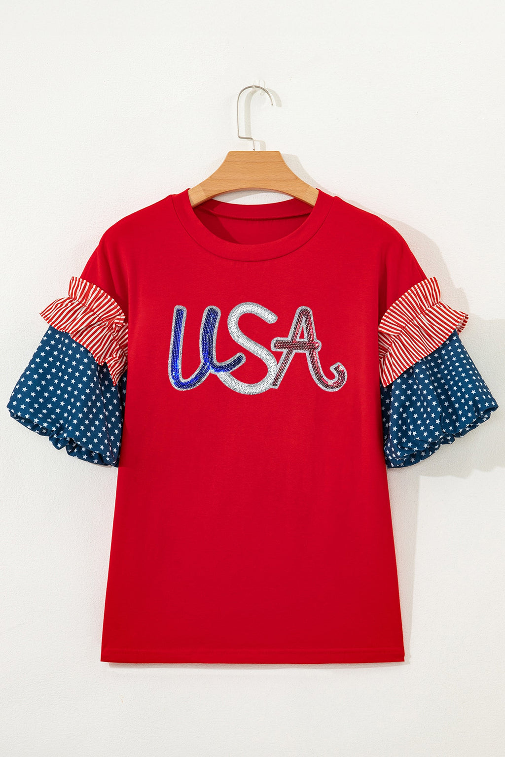 Fiery Red Sequin USA Lettering Patriotic Contrast Splicing Sleeve Top
